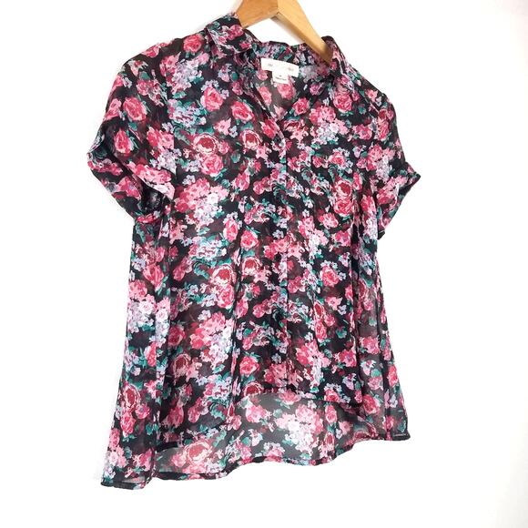 Anthropologie | Sheer Floral Short Sleeve Top Roses Red Green Black XS - Picture 3 of 7